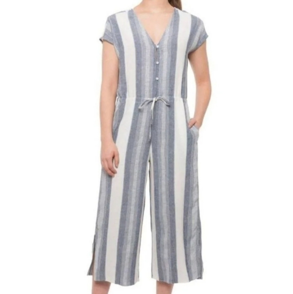 Cloth & Stone Anthropologie Gray Striped Medium Linen Rayon Wide Leg Jumpsuits